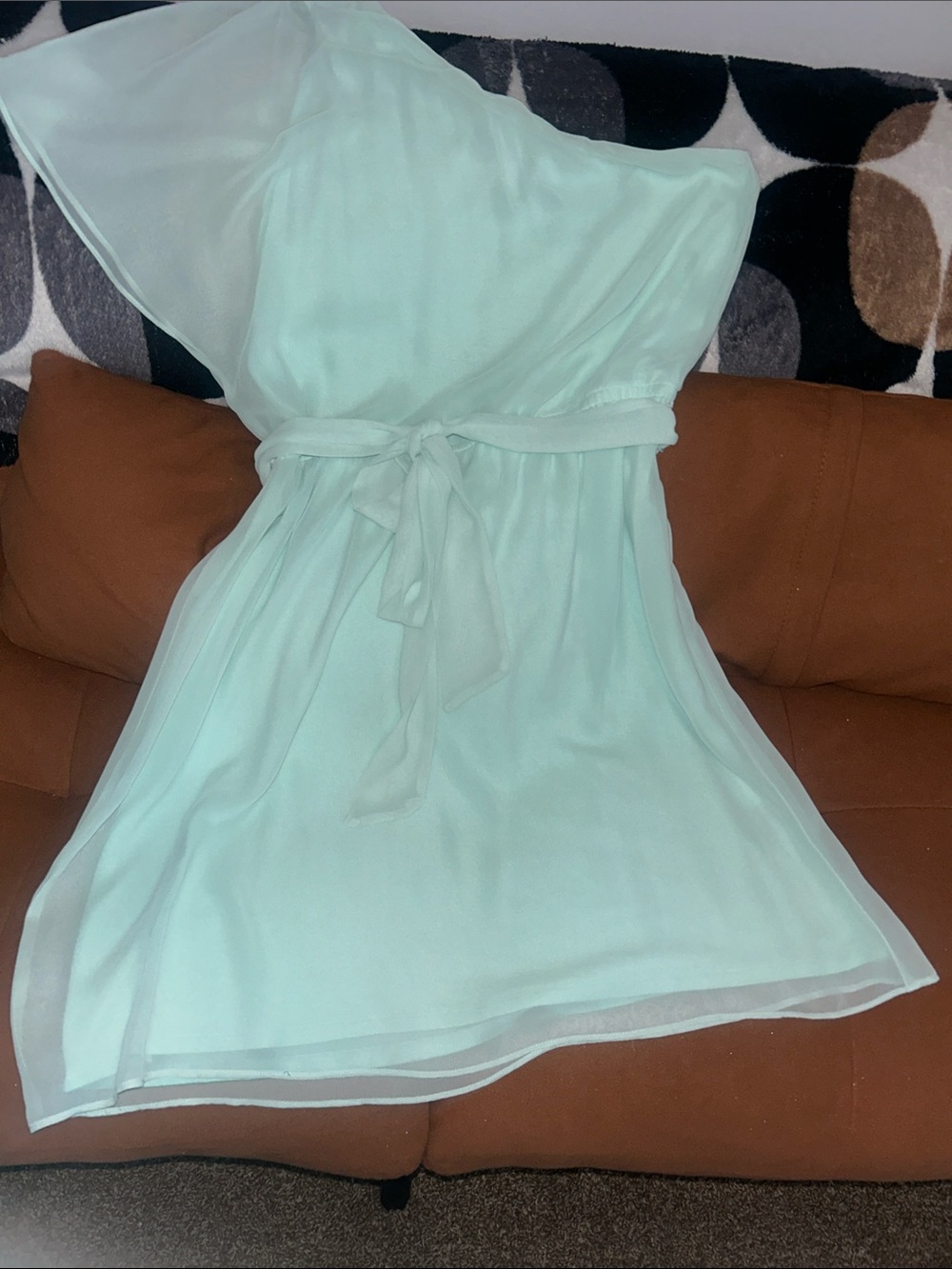 Express One-Shoulder Mint Green Chiffon Dress with Self-Tie Waist